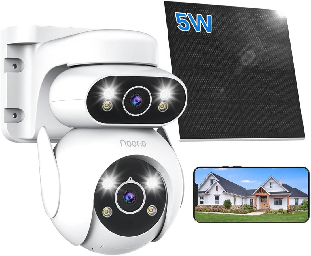 Noorio Solar Security Camera Wireless Outdoor Dual Lens, 2.4G WiFi Solar Powered Camera, 360PTZ View, 24/7 Recording, 2K Color Night Vision (Download Plus APP)