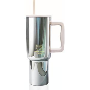 Stainless Steel 40 Oz Tumbler with Handle and Straw | Vacuum Insulated | Silicone Lid | Water Bottle Travel Mug | Gifts for Women Men Him Her | Electrolyte Series | Silver Metallic