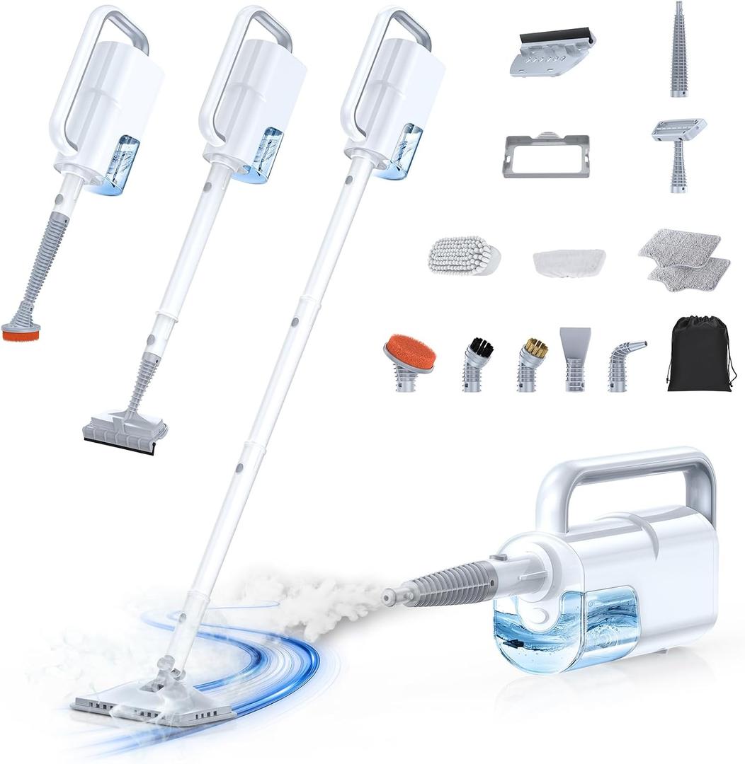 10-in-1 Steam Mop with Detachable Handheld Steamer, 350ml Tank, 10s Heat-Up, 248F Steam Cleaner, 3-Level Control and Swivel Head for Floors, Carpets, Tiles, BBQ grill Multi-Surface Clean White