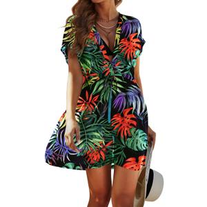 Avidlove Swimsuit Cover Ups for Women Beach Chiffon Swimwear Coverup Sheer Sexy V-Neck Beachwear (Large, Pat14 Red Black Leaf)
