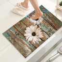 Rustic Daisy Bath Rug White Sunflowers on Vintage Wood Board Bathroom Mats Country Style Antique Wooden Flower Non-Slip Bathroom Rugs 32"x20" for Shower Room Bathtub Kitchen Sink