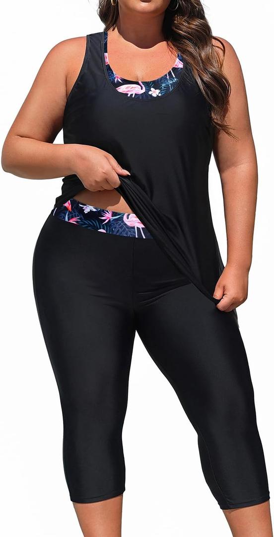 Yonique 3 Piece Plus Size Swimsuits for Women Tankini Tops with Sports Bra and Swim Capris Athletic Bathing Suits (Black & Flamingo), Size 24 Plus