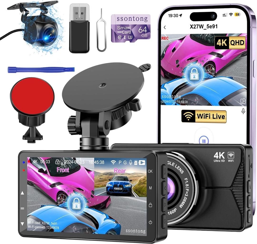 Dash Cam Front and Rear, Dash Cam 4K WiFi/APP Control Dashcam W/ 64GB Card Dash Camera for Cars DVR Car Security Cameras W/Loop Recording G-Sensor Time-Lapse Parking Mode Car Dashcam USB Powered Dash Cam Front and Rear, Dash Cam 4K WiFi/APP Control Dashcam W/ 64GB Card Dash Camera for Cars DVR Car Security Cameras W/Loop Recording G-Sensor Time-Lapse Parking Mode Car Dashcam USB Powered