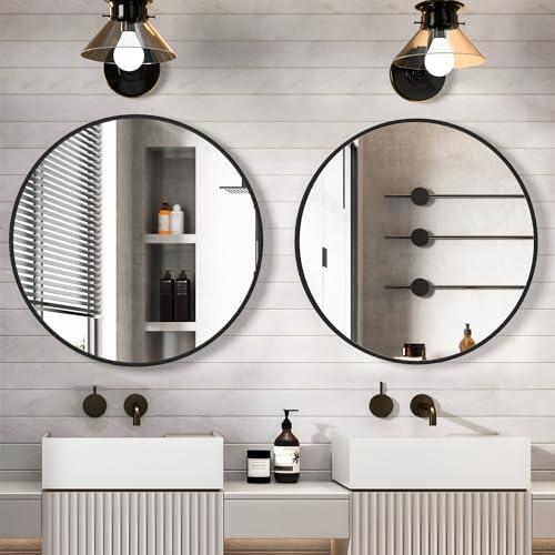 CONGUILIAO Circle Mirror Black 28 Inch Round Wall Mounted Mirror, Large Bathroom Mirror, Wall Mounted Over Sink Vanity Mirror for Living Room Washrooms Entryways Decor, 2 Pieces