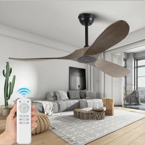 52" Ceiling Fans Without Lights, Solid Wood Ceiling Fan No Light with Remote Control DC Motor Indoor Outdoor for Patios, Living Room, Bedroom, Farmhouse and Gazebo, Apricot Grey