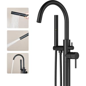Freestanding Bathtub Faucet Matte Black Tub Filler Floor Mount Free Standing Metal Bathroom Tub Gooseneck Spout With 2 Function Hand Shower