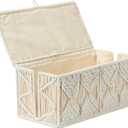 Cable Management Box Handmade Macrame Cord Storage Organizer Power Strips Outlet Router Adapter TV Wire Hider Cover Under Desk Natural Cotton Rope Woven Boxes with Lid (Off White, Large)