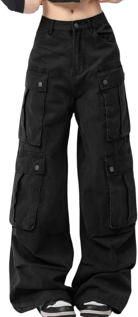 Hugboom Baggy Cargo Pants for Women Men High Waisted Y2k Hip Hop Grunge Pants with Pockets Casual Streetwear Black-M
