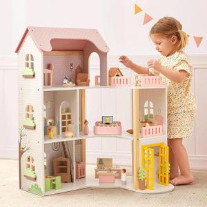 OOOK Wooden Dollhouse with Liftable Elevator - 2.6 Feet High Modern Doll House for Kids Toddlers - Including 21 Furniture Pieces, 4 Family Dolls, and 1 pet