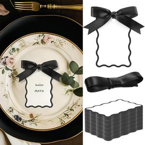 200 Pcs Scallop Name Place Cards for Table Setting DIY Wedding Placecards with Ribbon Include 100 Name Table Cards and 100 Ribbon for Weddings Party Celebrations Supplies (Black)