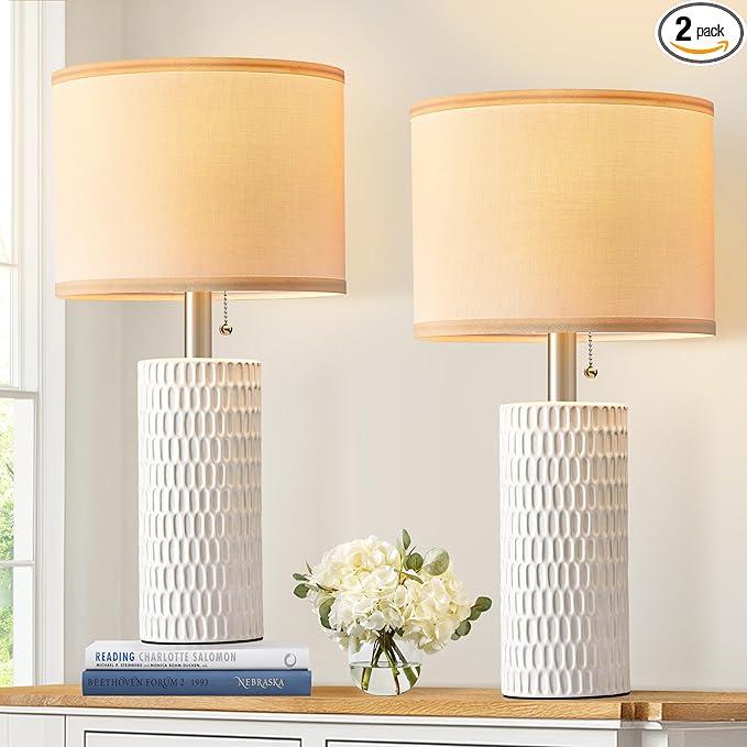 Reaketon 20" Small Ceramic Table Lamps for Bedroom Set of 2, Modern Lamps for Night Stands, Farmhouse Table Lamps for Living Room, Home Office and Hallways,White