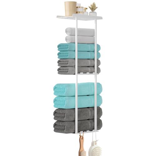KISENG Towel Racks for Bathroom, 3 Tier Metal Towel Holder, with Shelf & 6 Hooks, 29 inch Wall Mounted Towel Storage, 6 Large Bath Towels Capacity,Small Bathroom Towel Rack for Rolled Towels, White