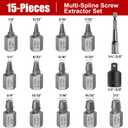 15 Pieces Screw Extractor Set, Easy Out Bolt Extractor Kit, 3/8" Inch Drive Hex Head Multi-Spline Bolt Remover Kit Tool for Removing Stripped, Broken Rusted Bolts Screws