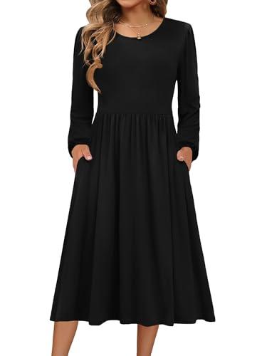 Zeagoo Fall Dresses for Women 2026 Black Long Sleeve Dress Casual Swing Mini Dress for Beach Vacation T Shirts Sundresses with Pockets