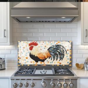 LMSDYSHU Tempered Glass Backsplash for Kitchen, Rooster, Frameless, Stove Backsplash Protector for Wall,Easy to Clean, Home Decor (30"x14")