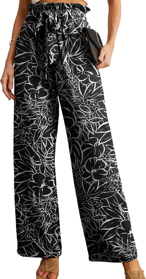 IWOLLENCE Women's Wide Leg Pants with Pockets High Waist Adjustable Knot Loose Casual Trousers Business Work Casual Pants (Black, L)