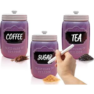 Mason Jar Ceramic Canister Set for Kitchen - Set of 3 Decorative Storage Containers with Air-Tight Lids for Coffee, Sugar & More - Country Style Storage w/Reusable Writable Surface - 12.85oz/Canister (Purple)