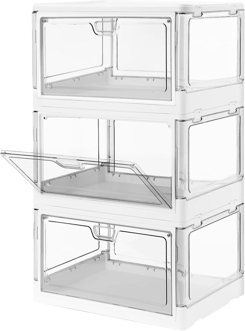 3-Pack Clear Stackable Storage Bins with Lids Magnetic Doors Open Front, Foldable, Folding Plastic Craft Containers Large Closet Organizers Box for Bedrooms Living Rooms Study Kids' Toys 24 QT (White)