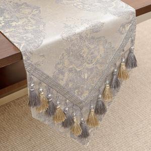 Loom and Mill Luxury Table Runner 90 inches Long, Elegant Damask Jacquard Table Runners with Handmade Multi-Tassels for Dining Room Dresser Party Holiday Banquet Decoration(Beige, 13x90 inch)