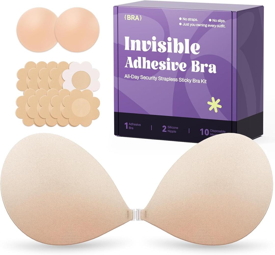 Invisible Strapless Sticky Bra Push up for Women, Ultra Adhesive Bra for Backless Dress, Cleavage Bra Lift Novelty Bras (B Cup, Light Beige)