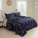 Marina Decoration Ultra Soft Luxury Fluffy Goose Down Alternative Bed in a Bag Rich Printed 7 Piece Comforter Set Includes 4 Piece Sheet Set, Modern Navy Blue Branches Pattern King Size