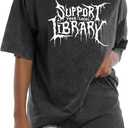 Women Goth Support Your Local Library Shirt Gothic Vintage Streetwear Shirts Acid Wash Tshirt Graphic Oversized Tee (Large, Black)