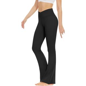 ZOOSIXX Flare Leggings for Women, Crossover High Waisted Black Workout Yoga Pants with Pockets S