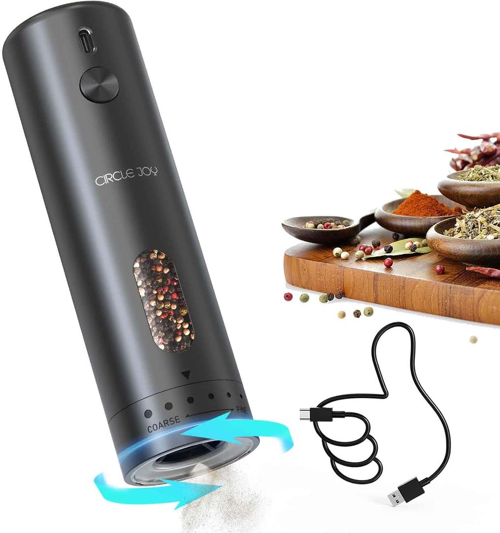 CIRCLE JOY Electric Pepper Grinder Rechargeable, Automatic Pepper Mill with 110ml Container, External Adjustable Coarseness, White Led Light and OneHanded Operation, Black