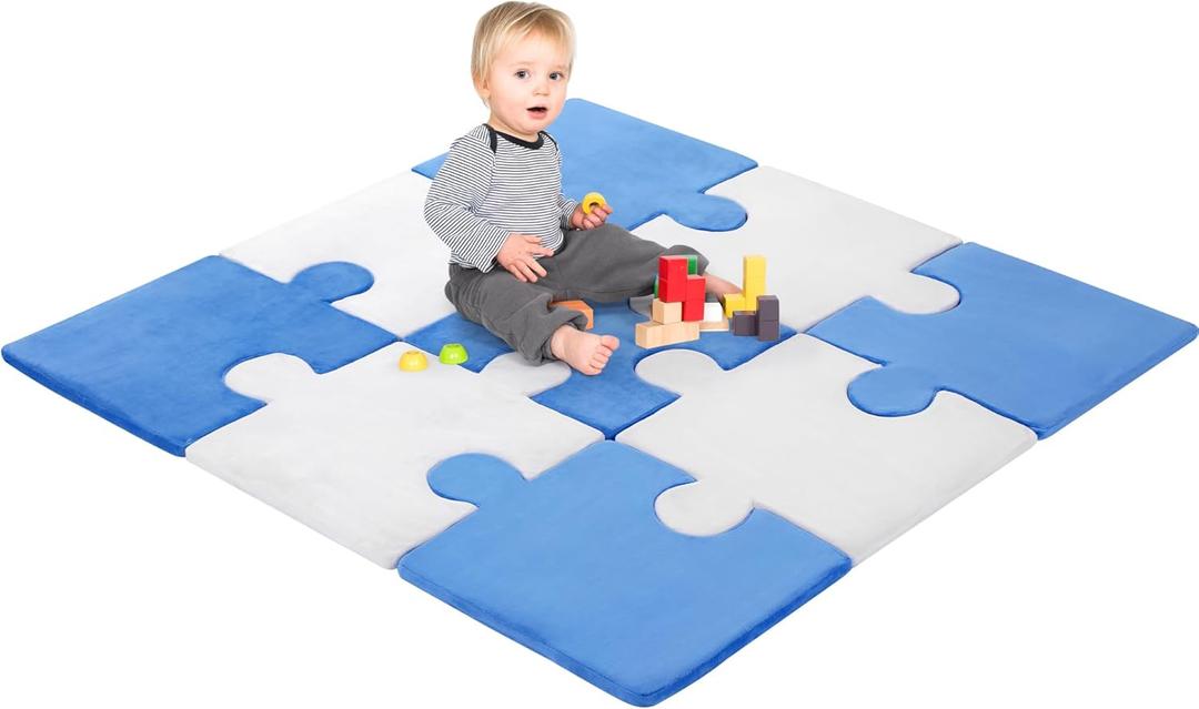 MABOZOO Large 9 Pcs Plush Baby Play Mat, 47"x47" Overall Size Fluffy Carpet Squares 0.8-inch Thick Anti Slip Interlocking Carpet Tiles Soft Floor Mat for Kids Home Playroom Nursery - Blue&White