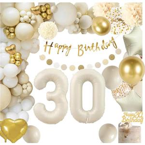 30th Birthday Decorations for Women, Gold Beige Cream Neutral Gold Foil Balloons Happy Birthday Banner Garland Boho Party Supplies