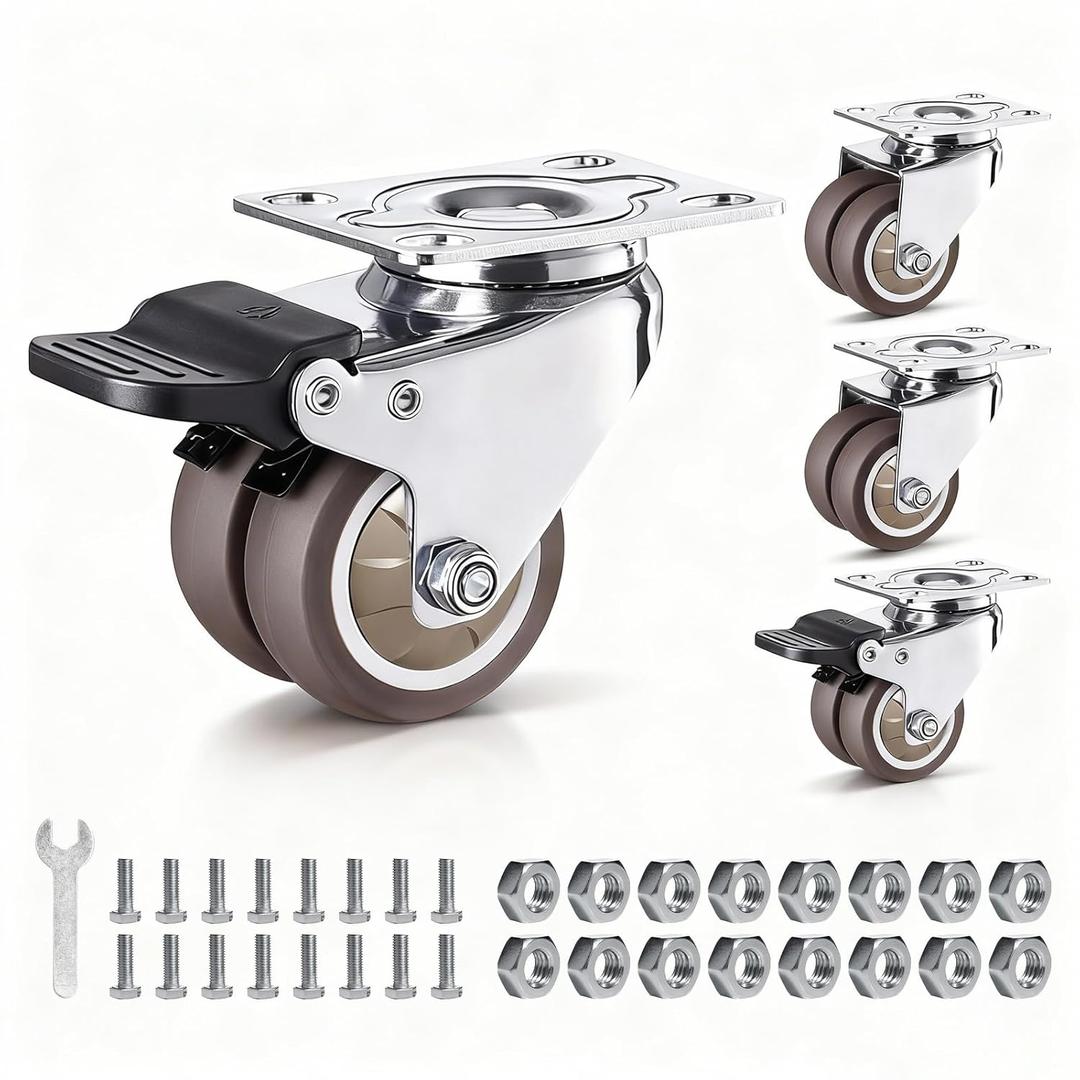 1.5 Inch Caster Wheels Set of 4, 396LBS Load Capacity Plate Caster Wheels, Furniture Casters for Cabinet, Table, Workbench (2 with Brake and 2 Without)