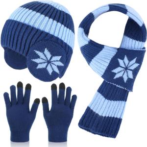 Chicingyou 3 Pcs Kids Hat Gloves Scarf Set Winter Knitted Beanie with Earmuffs Double Layer Scarf for Boy Girl 8-12 Years Old (Blue)