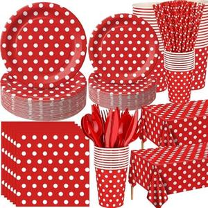 Funnymoom 452 Pcs Red Polka Dot Party Supplies for 50, Red and White Polka Dot Paper Plates Napkins Cups Tablecloth Cutlery Straws for Mouse Birthday Carnival Family Picnic Barbecue Party Decoration