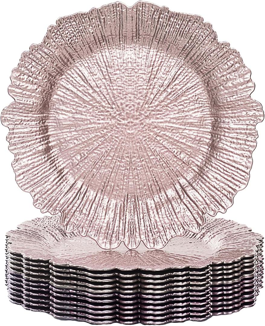MAONAME Pink Charger Plates Set of 12, Reef Plate Chargers for Dinner Plate, Plastic Table Charger Plates for Wedding Bulk, Party, 13-inch