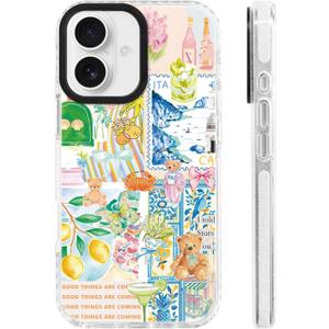 for iPhone 16 Case [Military-Grade Drop Protection/Uplifting Soft TPU Protective/Camera Protection/for Women & Girls]-Vibrant Yellow Motivational Travel Collage with Teddy Bear