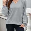 Womens Oversized Sweatshirts V Neck Lace Crochet Lantern Long Sleeve Pullover Cropped Tops Fall Outfits Clothes (Gray, L)
