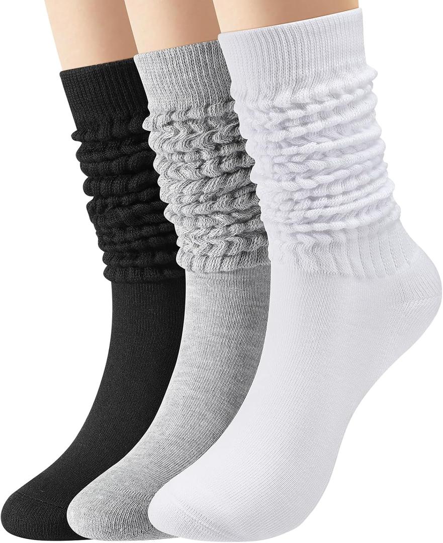 3 Pairs Slouch Socks Women, Long Winter Thigh High Boot Scrunch Socks, Warm Soft Slouchy Sock for Women Size 5-11 (Black, White, Light Grey)