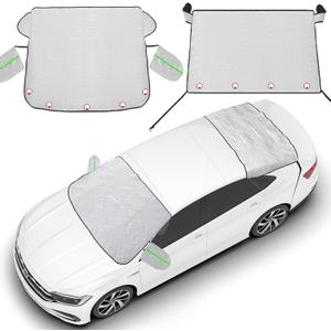 2-Piece Car Windshield Cover Set - All-Weather Front & Rear Protection with Magnetic Edges and Side Mirror Covers for Cars, Trucks, SUVs - Fits Most Vehicles (Regular,Silver)