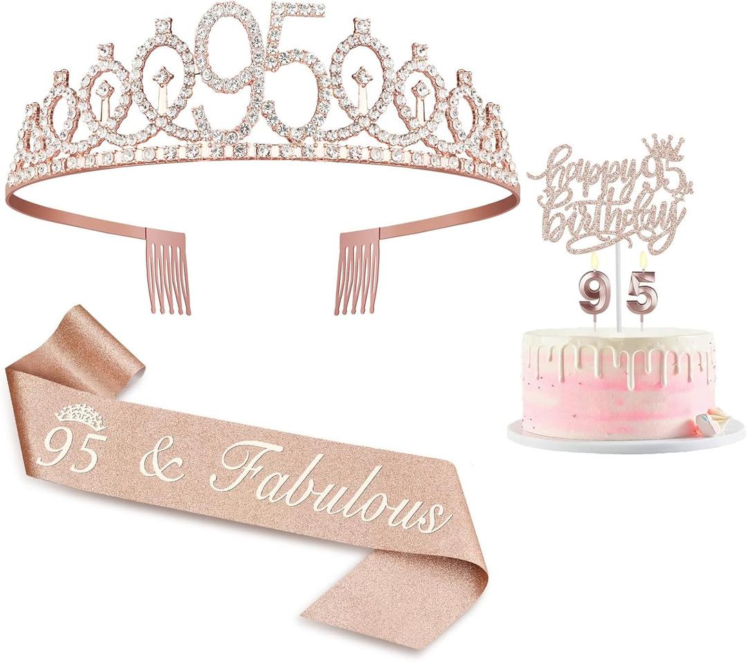 95th Birthday Decorations for Women Including Birthday Sash, Crown, Numeral Candles and Cake Topper, Rose Gold Party Decor Supplies