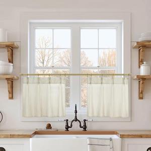 Mini Curtains for Small Windows 18 Inch Length 24w 18L Long Cafe Pinch Pleated Striped Farmhouse Curtains for Kitchen