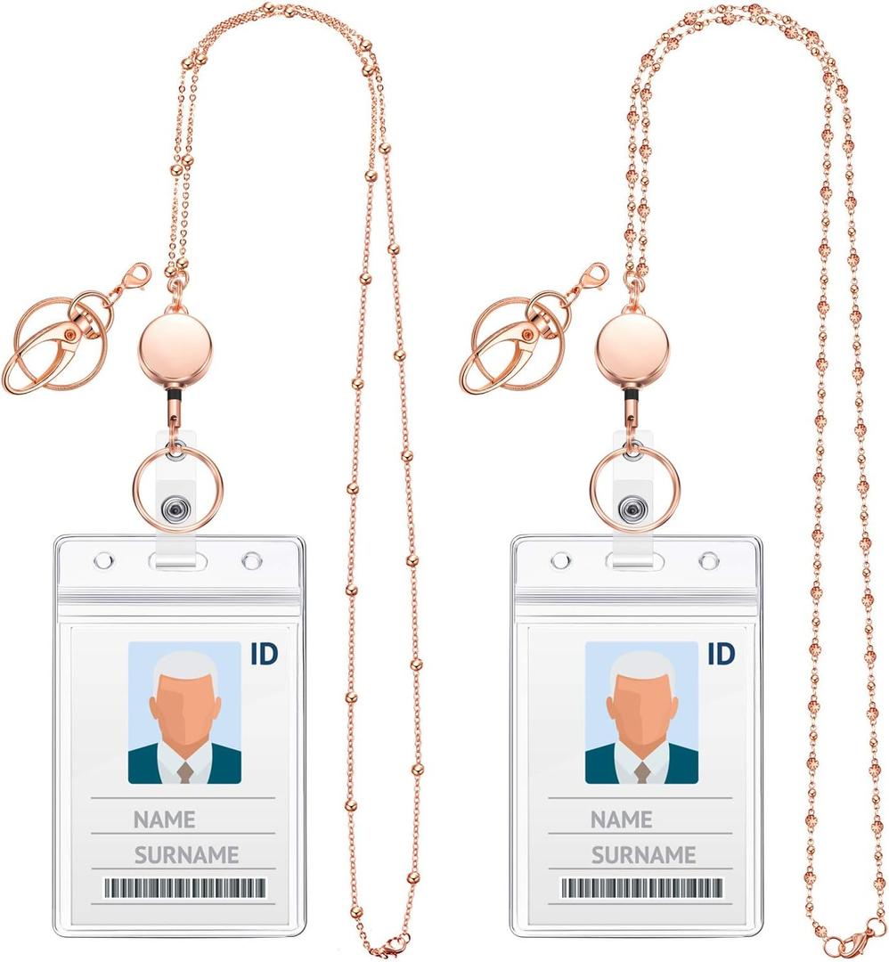 Blulu 2 Styles Set Women Beaded Lanyard with ID Holder Retractable Badge Reel Back to School Gift Stainless Steel Necklace with Water Resistant Name Badge Holder for Teacher Student(Rose Gold)