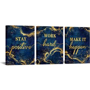 LevvArts Inspirational Wall Art Stay Positive Work Hard Make It Happen Office Wall Decor Motivaional Encouraging Canvas Prints Blue and Gold Pictures Decoration (Blue)
