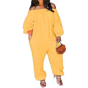 MESLIMA Women's Loose Fit Elastic Off Shoulder Beam Foot Long Sleeve Jumpsuit Rompers with Pockets, XL