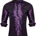 DiBanGu Silk Paisley Dress Shirts for Men Long Sleeve Button Down Shirt Casual Regular Fit Mens Shirts Wedding Party, Dark Purple, Medium