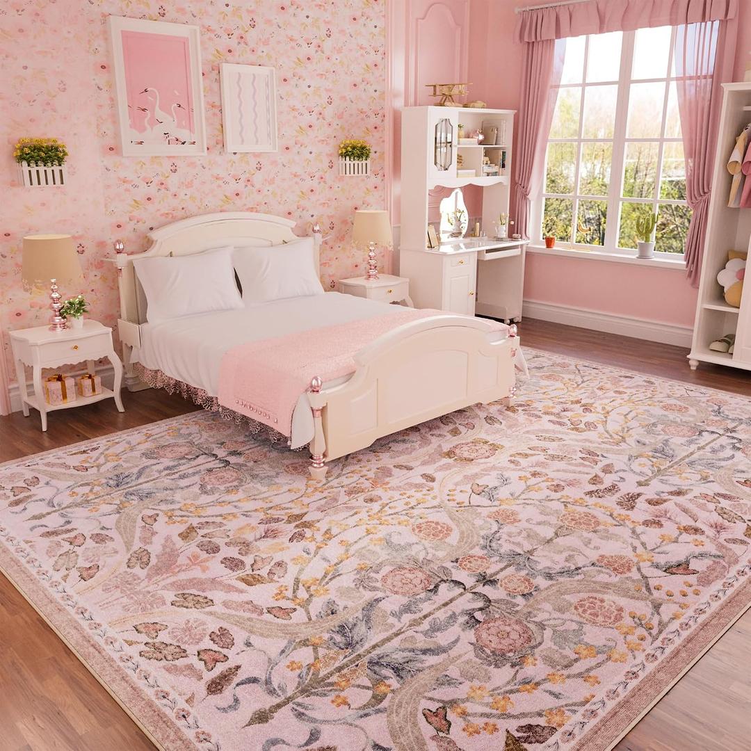 AMTOVO 5x7 Washable Area Rugs for Living Room, Vintage Boho Floral Distressed Print Non-Slip Carpet, Soft Colorful Accent Rug for Bedroom Girls Room Indoor Nursery Dining Room Playroom Farmhouse, Pink