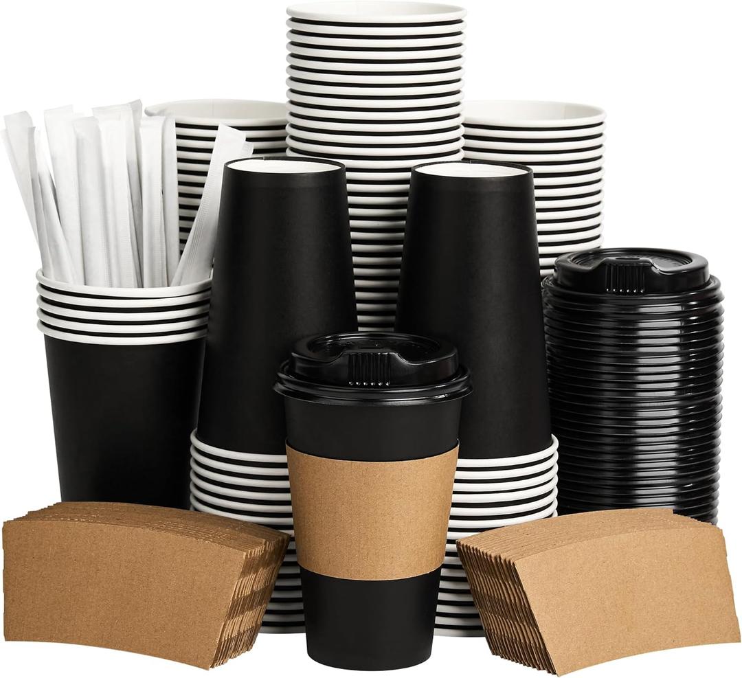 Coffee Cups with Lids 16 oz 100 Pack, Sleeves and Stirring Sticks, Black Disposable Hot Paper Cups with Lids, To Go Cups, for Parties, Picnic, Travel, and Events
