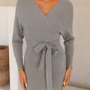 ZESICA Women's Fall Long Batwing Sleeve Wrap V Neck Knitted Backless Bodycon Pullover Sweater Dress with Belt,Grey,Large