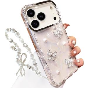 for iPhone 17 Pro Max Glitter Butterfly Case,Cute Girly 3D Pearl Crystal Diamond Bling Sparkle with Wrist Strap Chain Soft TPU Aesthetic Women Girl Phone Case for iPhone 17 Pro Max 6.9",White