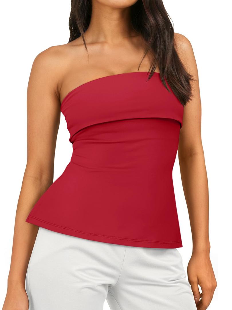 Trendy Queen Going Out Tops for Women 2026 Spring Trendy Tube Summer Top Off Shoulder Backless Strapless Bandeau Cute Work Shirts Vacation Y2k Clothes Outfits Fashion Red XS (Red, XS)