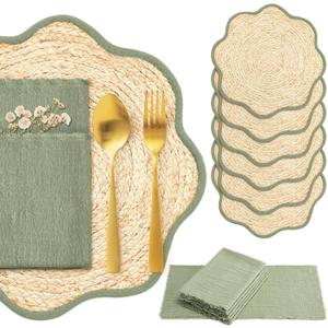 6 Sets Sage Green Table Decor Boho Placemats with Linen Napkins, 14.6" x 14.6"